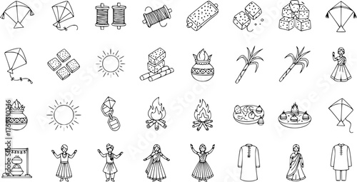 Indian Harvest Festival Doodle Icons. Set featuring traditional elements: kites, sun, sugarcane, bonfire, sweets, kalash, and cultural attire for Makar Sankranti, Pongal, Lohri.