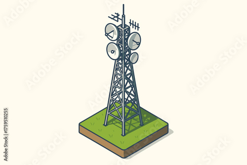 Broadcast antenna lattice tower illustration platform multiple vector satellite isometric placed top