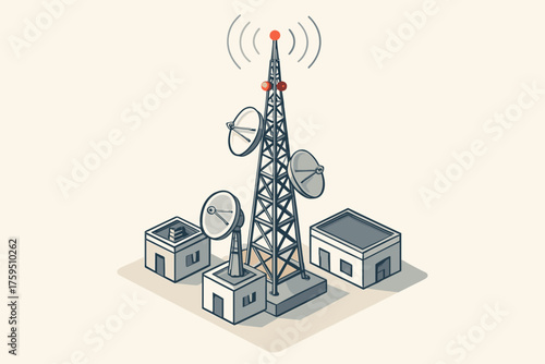 Tower illustration satellite red isometric surrounded broadcasting tall small utility vector broadcast