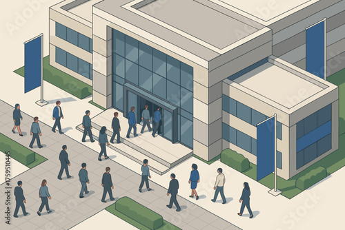 Wide glass center conference banners exterior entrance hall modern illustration showing vector