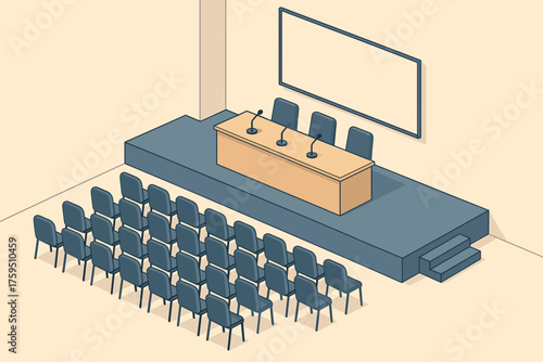 Below isometric desk setup seating vector illustration conference long microphones press audience