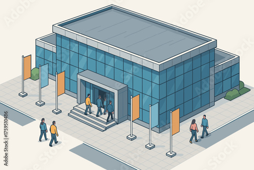 Exhibition center entering building visitors exterior banners vector glass modern illustration wide