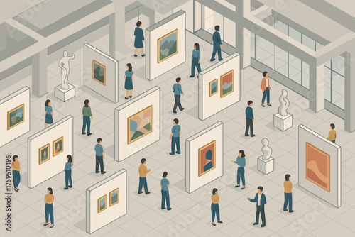 Spacious illustration vector exhibition center observing art artworks interior visitors sculptures