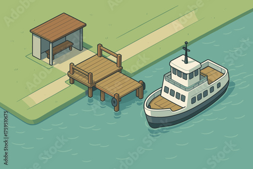 Terminal dock shelter waiting simple arriving rural vector illustration ferry wooden
