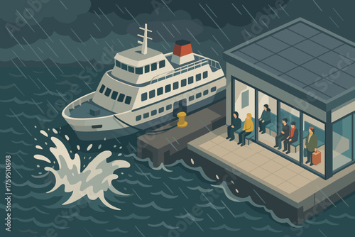 Stormy waves scene indoors ferry weather hitting illustration docked vector terminal waiting