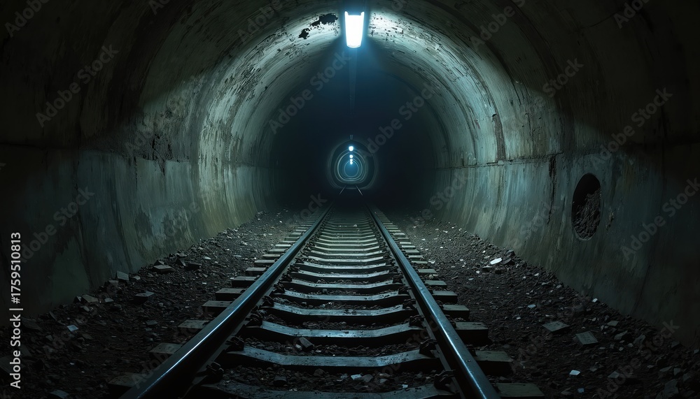 Fototapeta premium Dark, abandoned subway tunnel features railway tracks disappearing into vast distance. Old industrial light illuminates worn concrete walls. Rubble, dirt cover ground. Spooky underground path offers