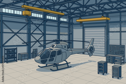 Vector illustration interior spacious cranes tool along isometric inside racks parked hangar