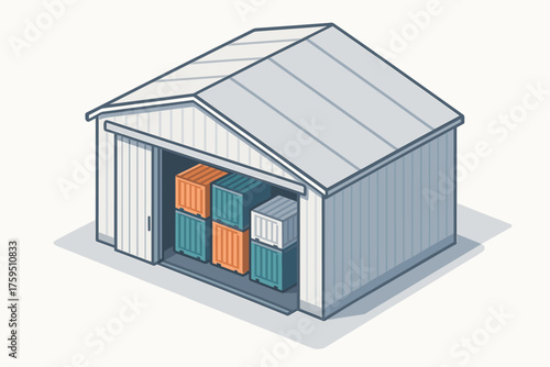 Vector interior hangar showing isometric inside stacked cargo containers sliding illustration open