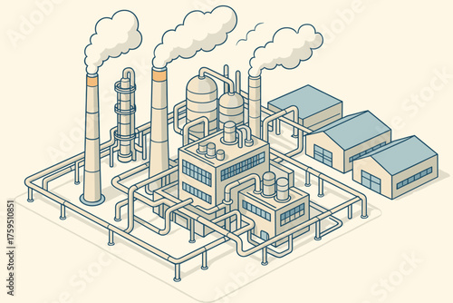 Isometric factory buildings plant vector warehouse connecting steam industrial illustration multiple releasing