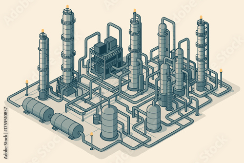Refinery illustration vector lights units isometric safety oil pipes connecting distillation