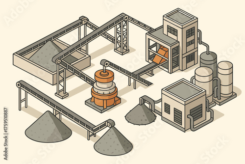 Belts mining vector conveyor large transporting plant illustration tanks storage isometric