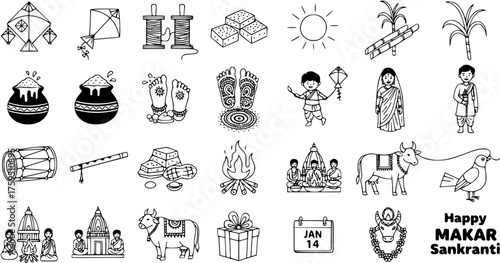 Makar Sankranti Festival Line Art Icons Set. Traditional Indian Harvest Celebration Symbols Collection. Vector Outline Illustration for Pongal, Uttarayan, Lohri.