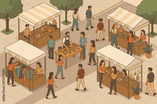 Vector goods street market under selling clothes weekend illustration decorative canopies