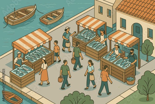 Seaside vector people stalls shopping market fish street boats nearby illustration
