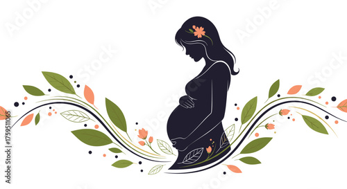A beautiful silhouette of a pregnant woman cradling her belly surrounded by delicate floral and leaf decorations.