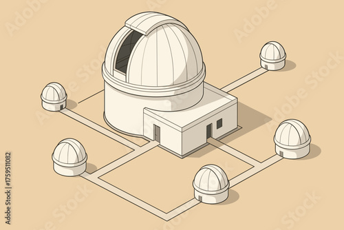 Observatory auxiliary flat illustration vector connecting multiple walkways structures landscape isometric domes