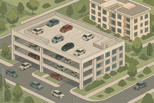 Illustration levels landscaped vector complex isometric residential surroundings suburban beside garage
