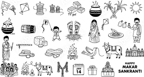 Makar Sankranti Festival Doodles: A collection of hand-drawn illustrations depicting traditional Indian harvest festival elements like kites, til gul, sugarcane, and celebratory rituals.