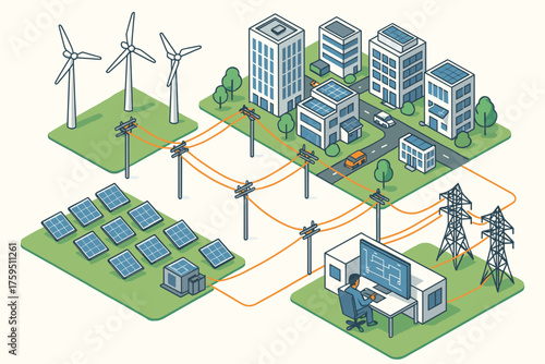 Powergrid power center smart illustration cutaway vector city connected grid powered renewable