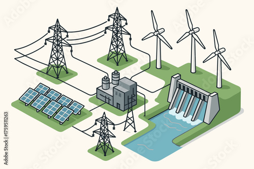 Integration dam renewable landscape energy wind turbines illustration vector linked solar