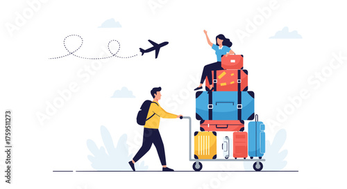 Couple with lots of luggage at the airport ready for a vacation trip.