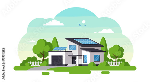 A modern house with solar panels on the roof surrounded by trees and greenery.