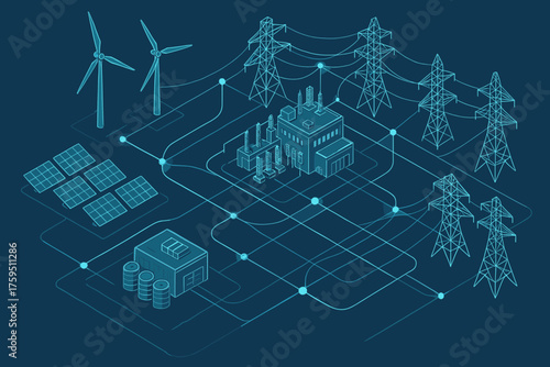 Vector holographic fields energy turbines illustration grid smart connections wind futuristic solar