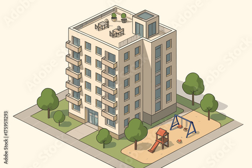Elevators beside block rooftop illustration playground building vector terrace residential small isometric