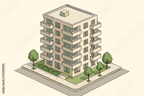 Modern along balconies multiple small illustration block floors vector apartment trees