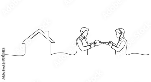 Two people exchanging a house key in minimalist one-line drawing style on white background with copy space. First apartment keys