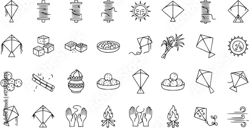 Makar Sankranti, Pongal, Lohri Festival Icons. Outline set with kites, sweets, sun, sugarcane, bonfire, and thread for Indian harvest celebration.