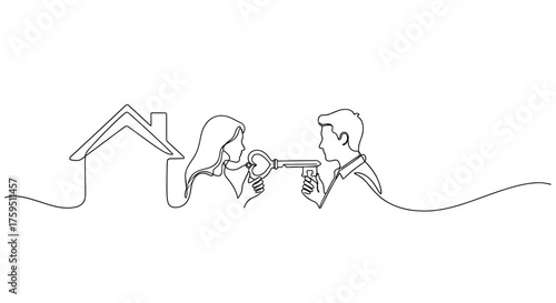 Two people exchanging a house key in minimalist one-line drawing style on white background with copy space. First apartment keys