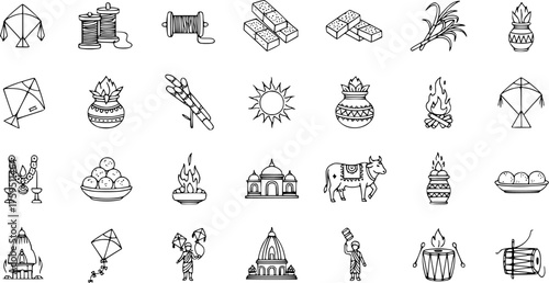 Detailed Line Art Icons of Indian Harvest Festivals: Makar Sankranti, Pongal, Lohri, Uttarayan. Featuring Kites, Sugarcane, Sun, Kalash, Bonfire, Cow, Sweets  Temples.