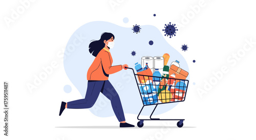 A woman in a face mask rushes with a full shopping cart filled with groceries and cleaning supplies during the pandemic.