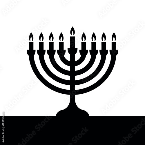 Black silhouette of a hanukkah menorah with lit candles on a white background