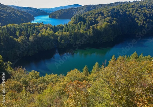 Panoramic view of the Plitvice Lakes from the observation deck in the mountains.