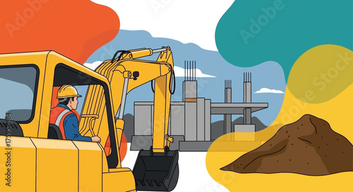 Construction worker operates excavator at building site symbolizing development and progress