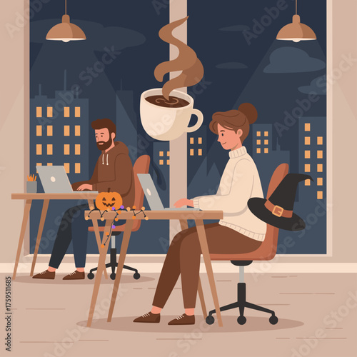 Colleagues working late in a festive office with Halloween decor and coffee Business lifestyle
