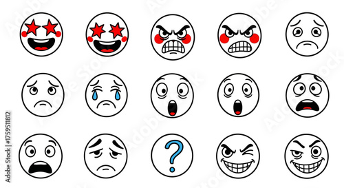 Array of 15 cartoon emoji faces showing different emotions outlined in black