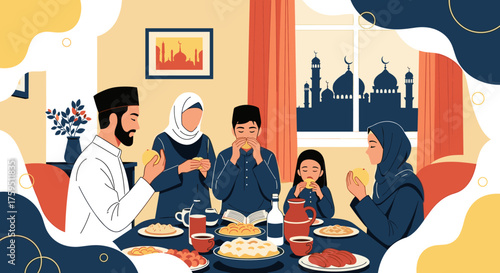 A Muslim family enjoys a festive meal together at sunset with decorative elements.