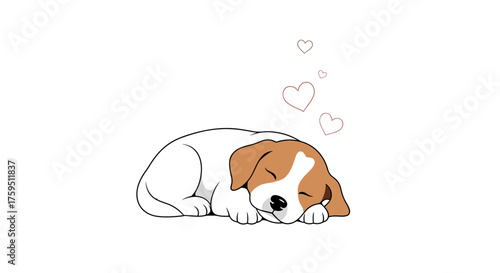 A precious young puppy is peacefully sleeping with tiny pink hearts floating above its head symbolizing sweet dreams and pure love.