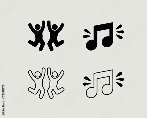 Set of four icons representing dancing people and musical notes