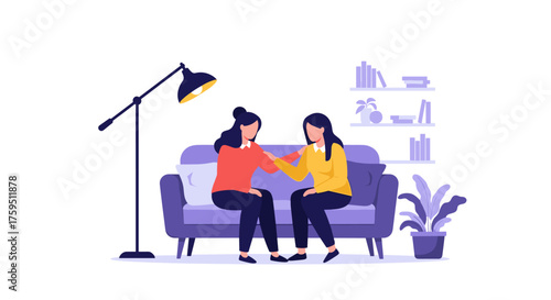 Two women are sitting on a sofa with one comforting the other.
