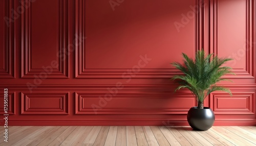Red wall panels with decorative molding complement wood floor. A potted palm plant adds green contrast to this classic interior design setup. Minimalist modern home decor.