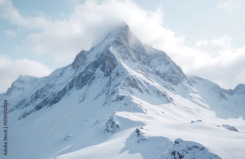 Obraz premium Snow covered mountain peak during winter season. White snow on mountain slope and top. Cloudy sky with sunlight. Landscape view of high altitude cold place.