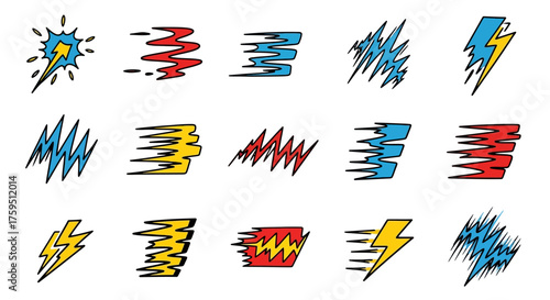 Array of drawn lightning bolts zigzags  speed effects various colors blue red yellow outlined