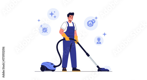 Professional cleaner vacuuming a clean floor with sparkling symbols above.