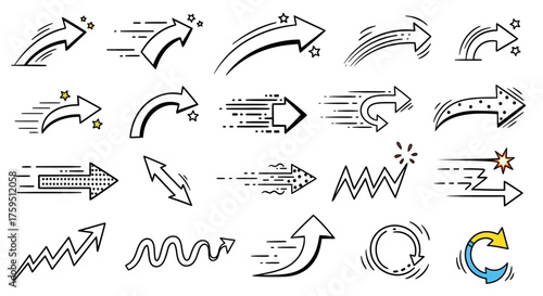 Arrow icons in black  white with some color depicting varied styles  directions