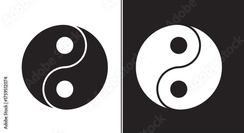 A classic black Yin-Yang on a white background next to its inverted white counterpart on a black background.