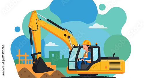 Happy construction worker operating excavator at a building site Industrial development engineering career
